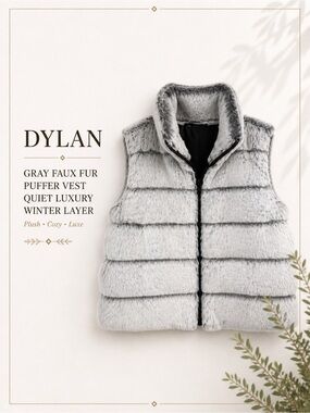 Dylan Gray Faux Fur Puffer Vest Quiet Luxury Glam Cozy Winter Layer XS